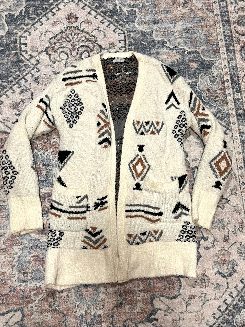 Cream Aztec Open-Front Cardigan with Geometric Motifs